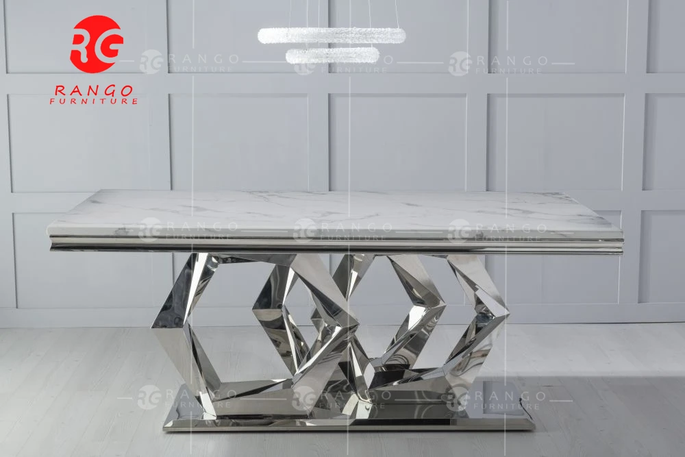 Tempered glass top dining tables 8 Seater Dining Table with white leather chairs for dining room furniture