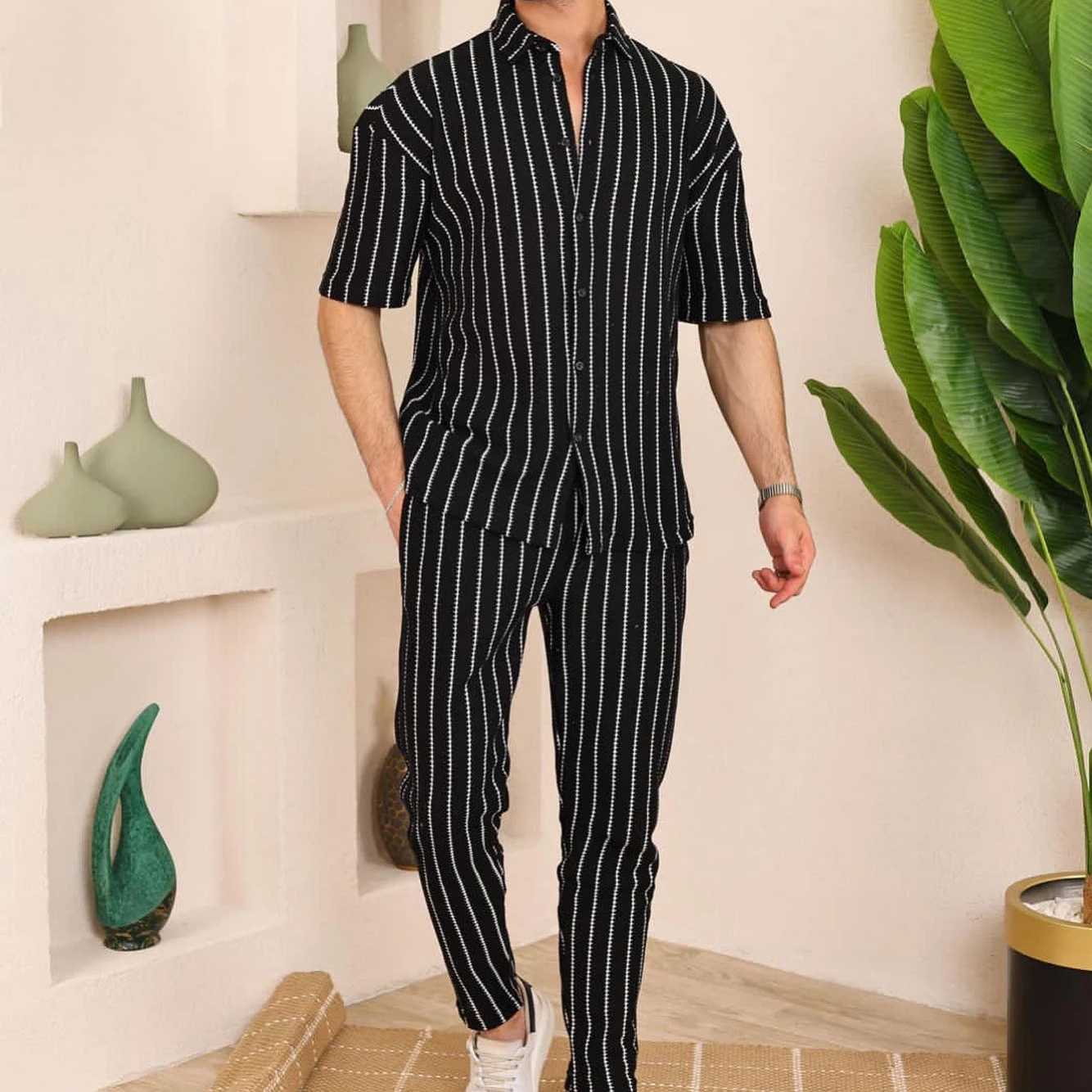 Custom Logo Unisex Mens Polo Stripe Long Sleeve Shirt And Pants Polo Sweet Suit Set Stripe Mesh Fabric Summer Polo Set