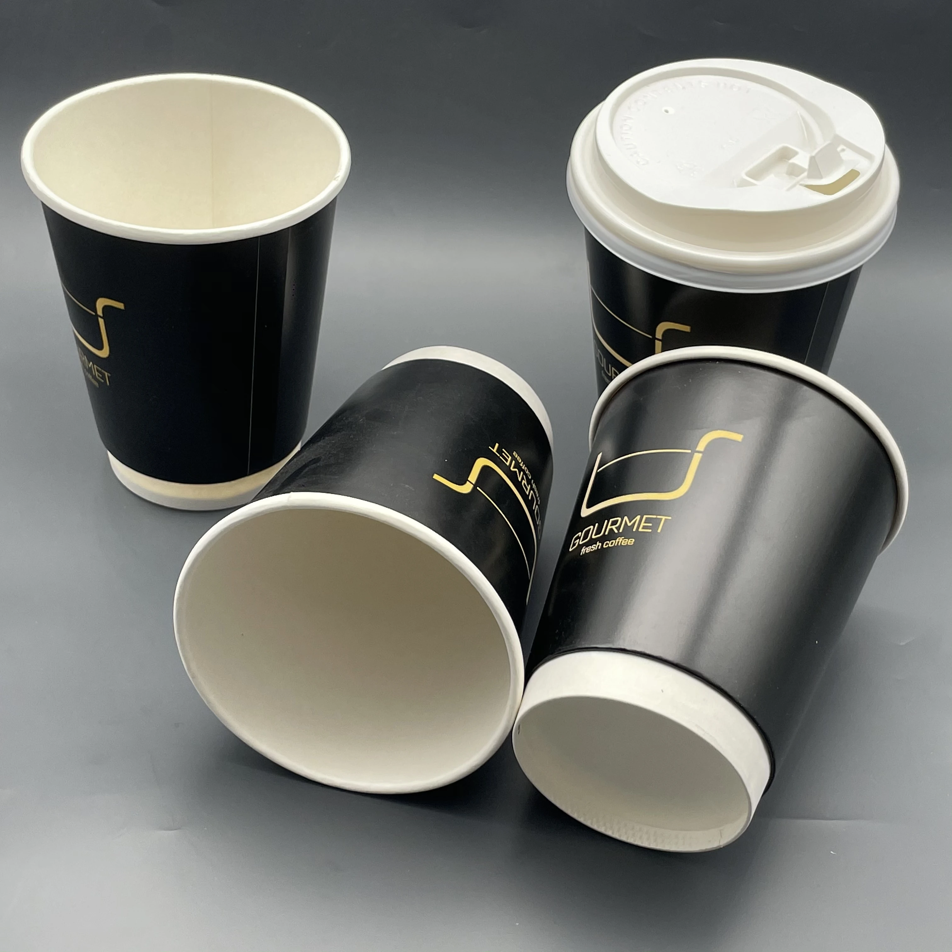Custom Logo Disposable Double Wall Hot Coffee Paper Cup with PS Lid All Black Customizable with Personalised Design