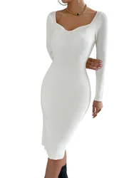 2022 Winter Casual Long Sleeve V Neck Knitted Sweater Dress Women Clothing Fall Female Dresses