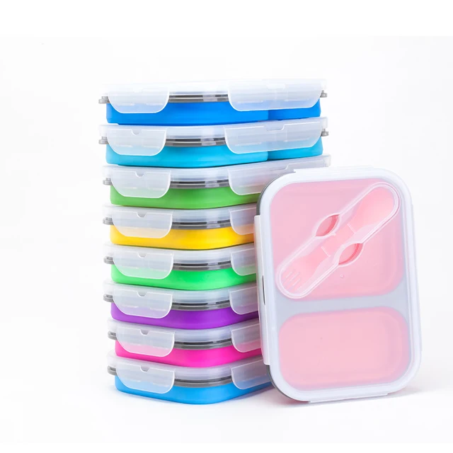 2 Compartments Silicone Bento Lunch Box Collapsible Food Storage Containers Portable Lunch Boxes With Fork and Spoon For Kids