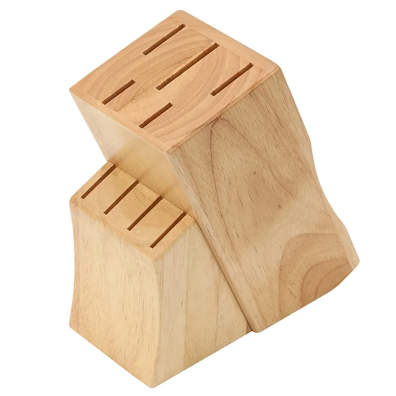 Factory Rubber Wood 9 Slots Knife Holder Surface Curved Bevel Kitchen Knife Storage Block Organizer