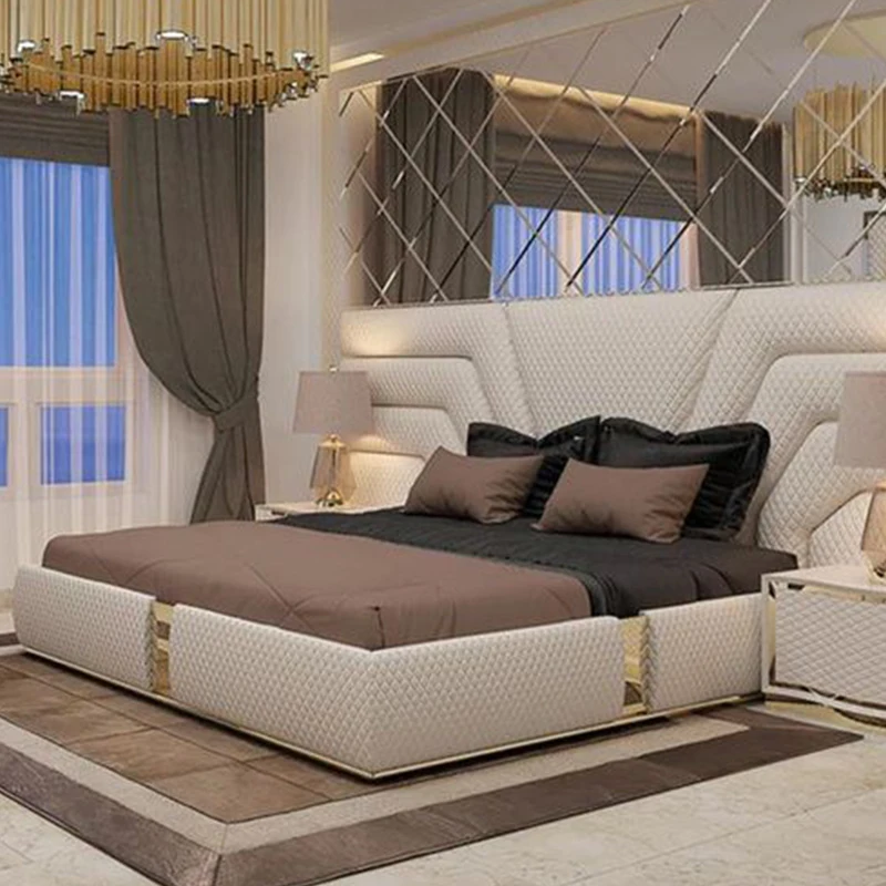 Luxury Bedroom King Size Double Bed Villa Big Headboard Custom Soft Upholstered High-End Wooden Frame Beds