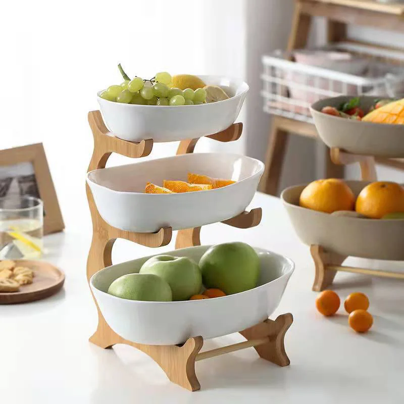 Multi-Layered Multifunction Fruit Plate Ceramic Plate Bamboo Wood Rack Dried Fruit Plate Storage Racks