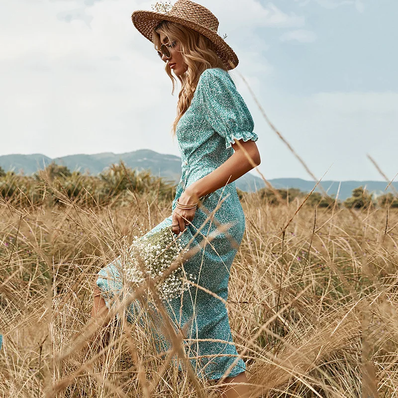 2022 New Arrival Green V-neck Low-cut Bowknot Short-sleeved Waist Closed Full-swing Dress Light Gauze Skirt