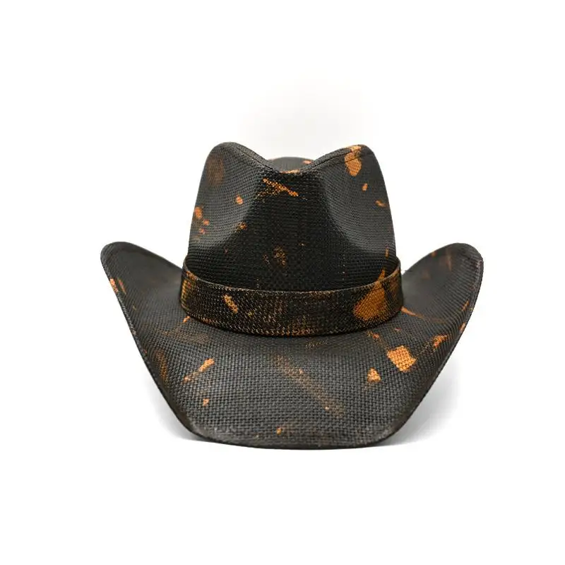 Hot Fashionable Vintage Black Flower Straw Cowboy Hat with Adjustable String Direct from Factory