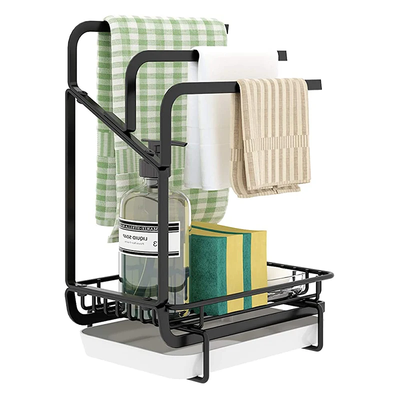 Metal Sink Caddy Organizer Sponge Brush Soap Towel Holder Rack with Drain Pan for Kitchen Sink