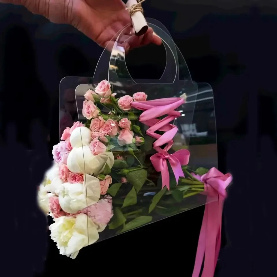 Hot Sell Custom Pvc Plastic Transparent Flower Tote Bags Wedding Gift Packaging Bags with Handles for Bouquet