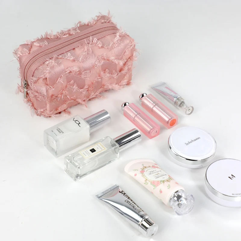 New 2022 Portable Cosmetic Organize Customized New Fabric square Travel pink Lady Polyester Makeup Bag