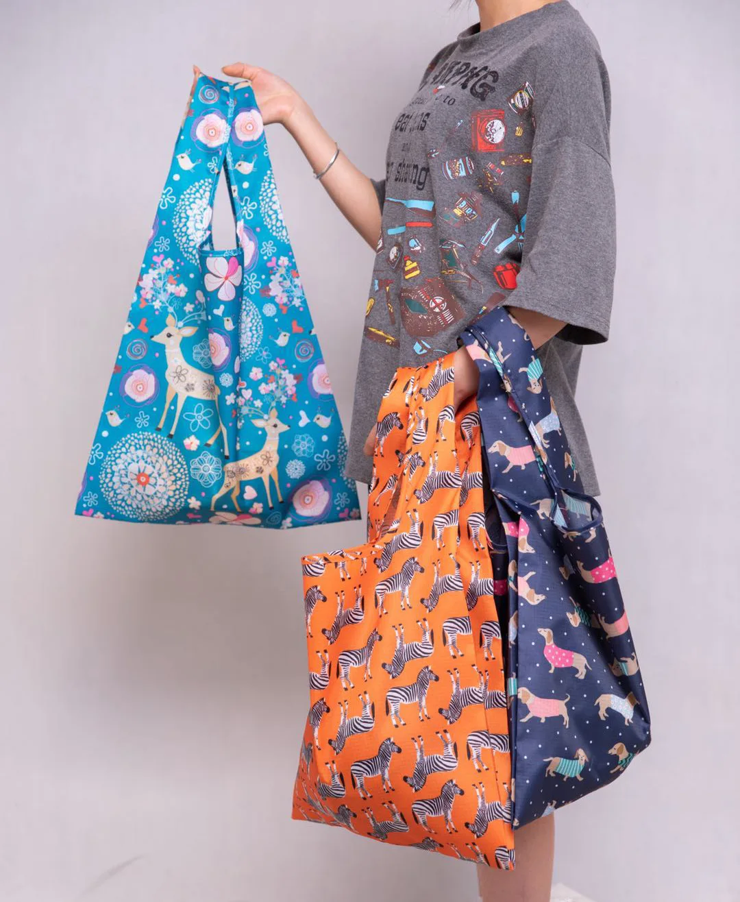 2024 New Inventions Foldable Reusable Large Capacity Food Supermarket Folding Polyester Shopping Net Tote Bag with printing