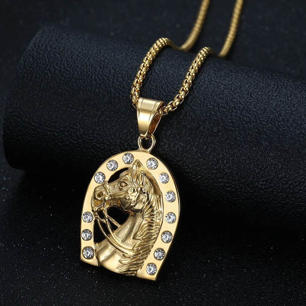 Хип-хоп ficed Out PVD 18K Позолоченные из нержавеющей стали изысканные модные ювелирные изделия подкова и голова лошади ожерелья для женщин кулон