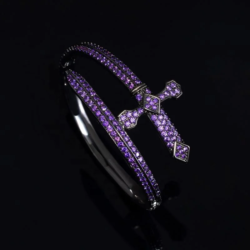 Stylish Iced Out Purple Cz Cubic Zirconia Black Gold Hip Hop Sword Bangle Bracelet