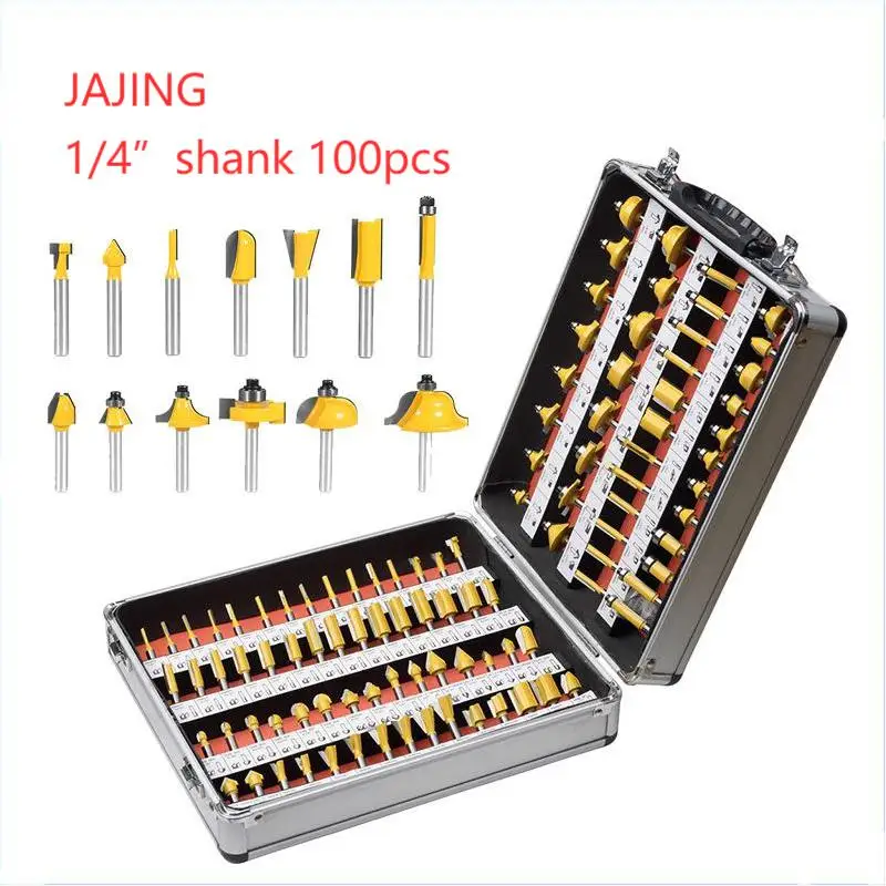 100pcs 1/4 shank aluminum case kit woodworking Cove box Chamfer Flute Straight V grooving router bits wood milling cutter