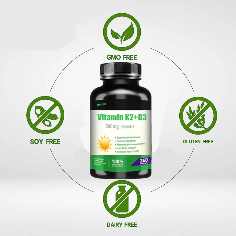 OEM/ODM/OBM Vegan Vitamin K2 Vitamin D3 Softgel Capsules Vitamin K2 MK7 Softgel 5000IU Vitamin D3 K2 Capsules Support Heart