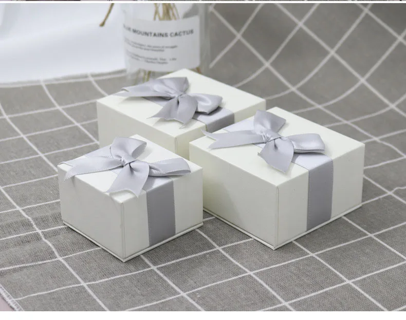 Xinfly Rectangle  Ribbon Bow Imitation Leather Paper Jewelry Gift Box Necklace Ring Earrings Paperboard Packaging Custom Logo
