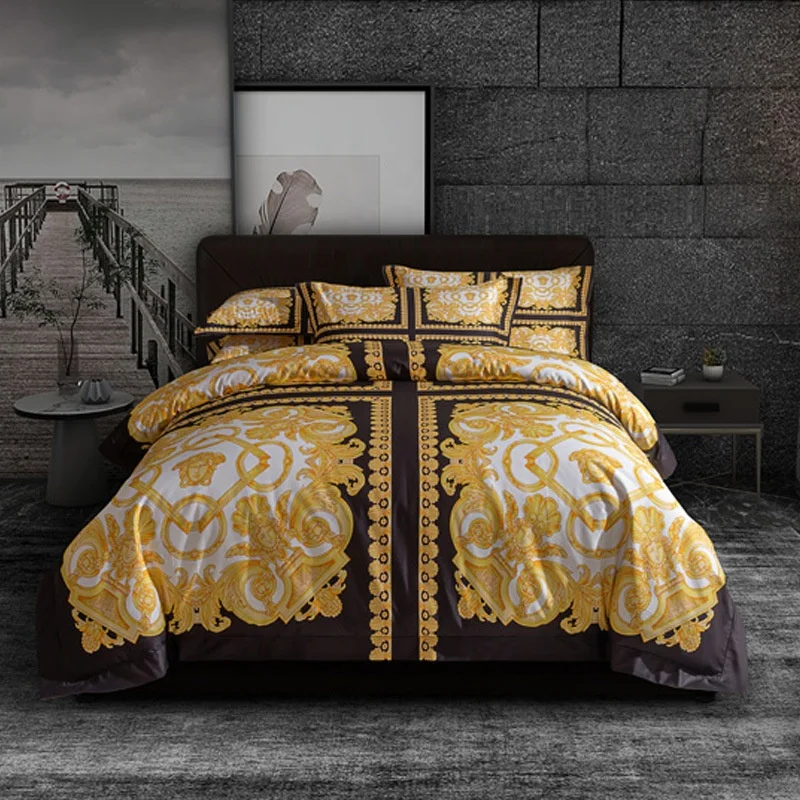 Luxury 100S Cotton Bedding Set baroque Style-E Digital Printing Duvet Cover with Zipper Closure Bed Sheet Pillowcases Set