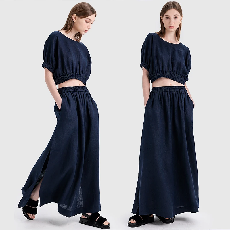 Royal blue short sleeve crop top and long slit maxi skirt linen 2 piece set for women