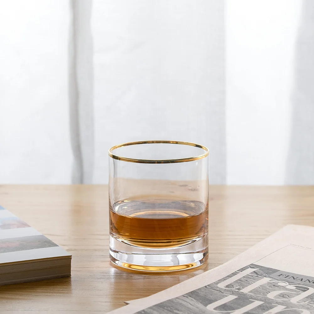 High Quality various style Luxury Custom Crystal Gold Rim Lead Free Handmade Round Whiskey Glass with gold sides
