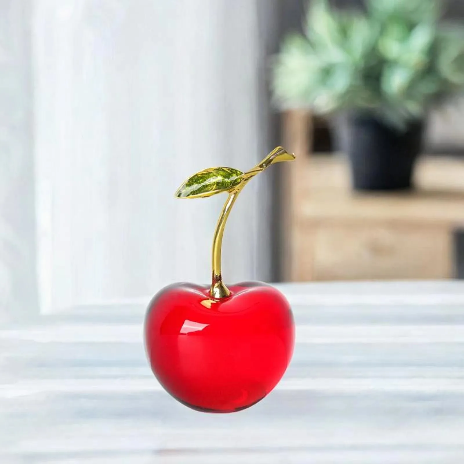 Crystal Cherry Figurine Collectible Paperweight Glass Fruit Ornament Tabletop Centerpiece Home Office Desktop Decor Wedding Gift