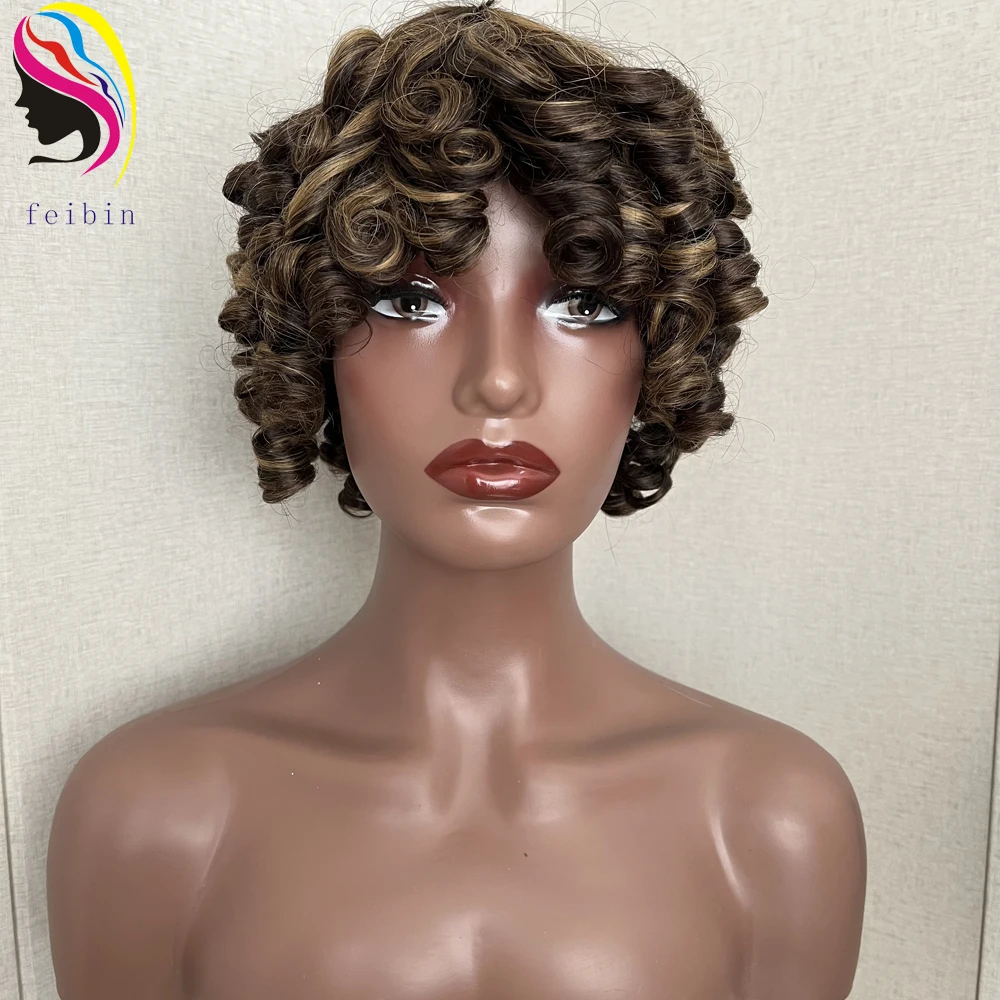 Cheap Price Fumi Curly Human Hair Wigs for Women Pixie Cut Rose Curly Full Machine Wigs Egg Curls Bob Wig With Bangs