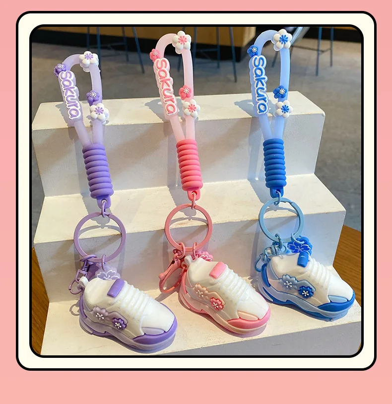 wholesale pvc sneaker keychain 3d and bag 3d mini shoe charms keychain sneakers with flower for girls gifts