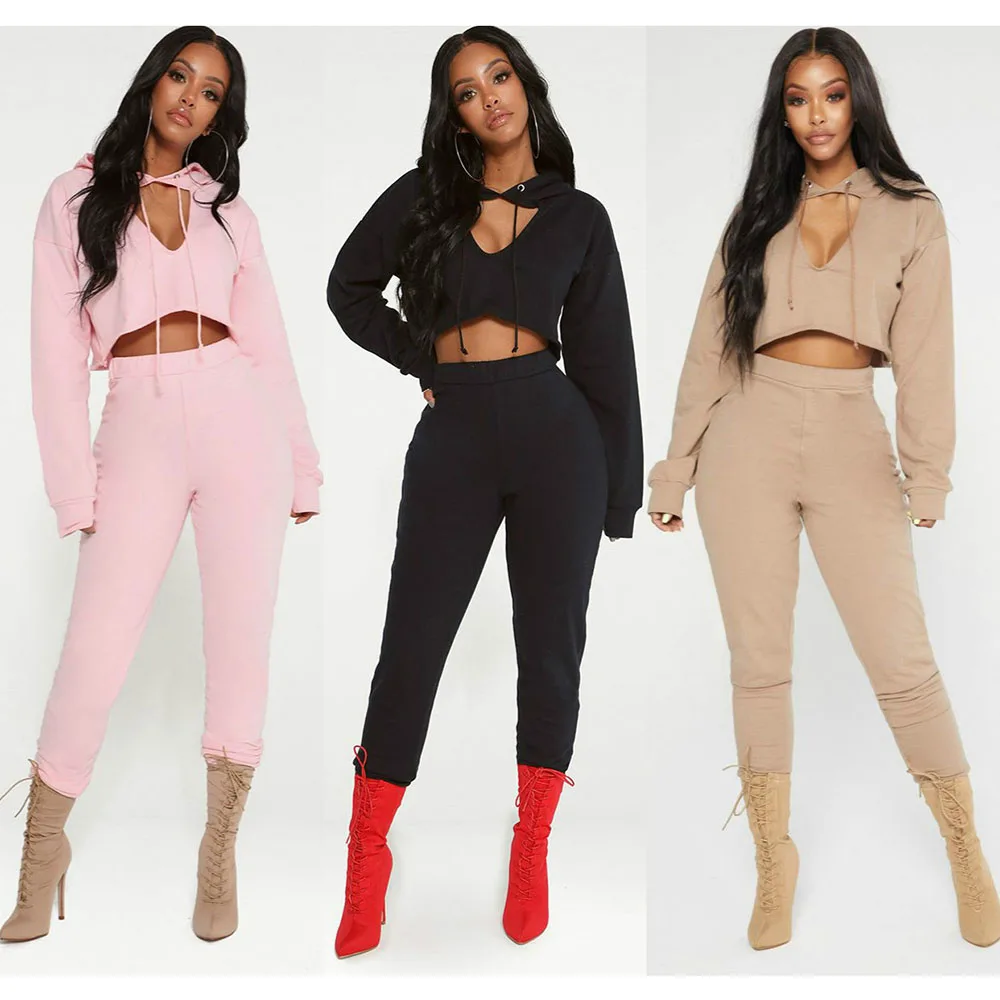 
WWK Custom Logo Dropshipping French Terry Hollow Out V Neck Pullover Crop Top Pants Casual Training Tracksuit for Women 