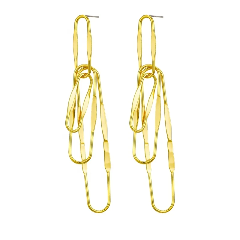 Wholesale custom metal brass fashion jewelry 18K gold plated personalized multiple paper clip large pin drop earrings for women