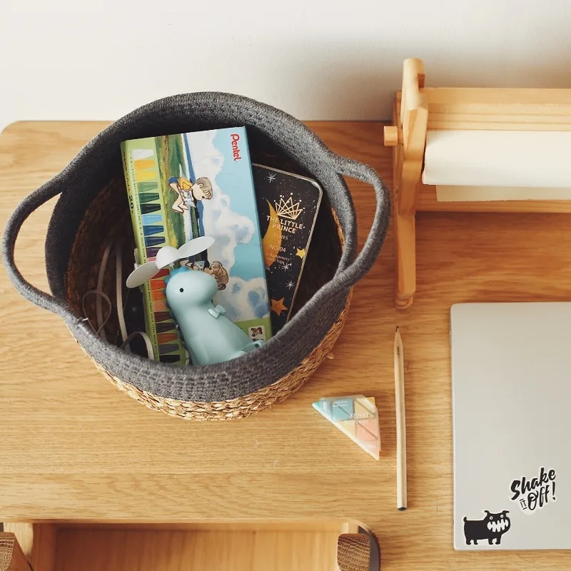 Decorative Hand-woven Cotton Rope with Water Hyacinth Basket Wicker Storage Basket Natural Household Hand Woven Basket Round