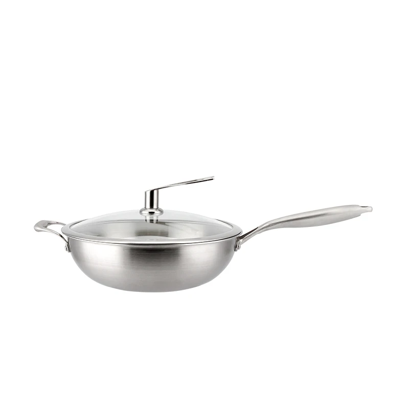 Kitchen Cooking 30/32/34Cm Stainless Steel Wok With Cover Skillet Frying Pan Wok Pan