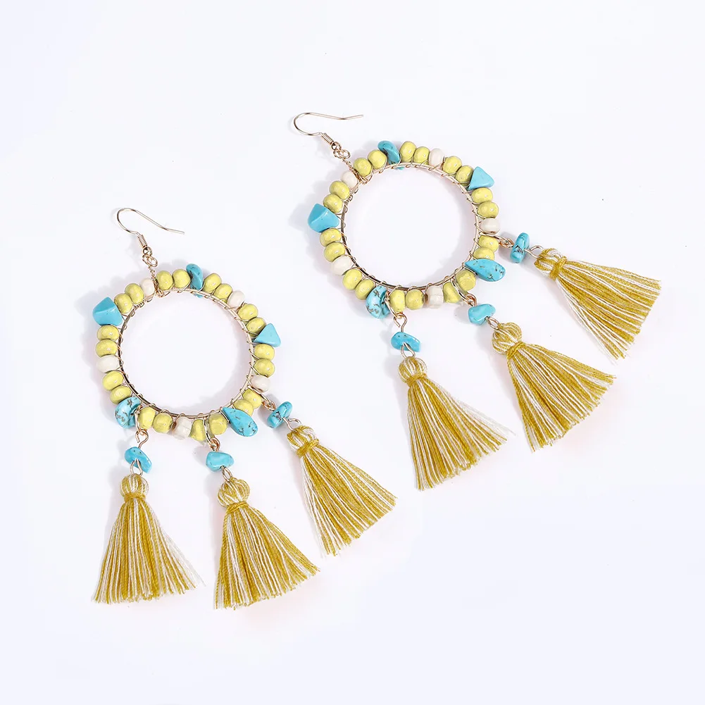 New Arrivals Handmade Woven Colored Cotton Tassel Earring Women Vintage Natural Stone Agate Wood Beads Geometric Beaded Earrings