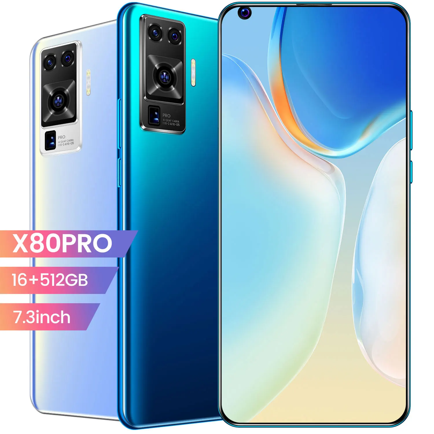 Phone X80Pro 7.3 inch Android Smartphones 16GB+512GB 10 Core 5G  Mobile Phones