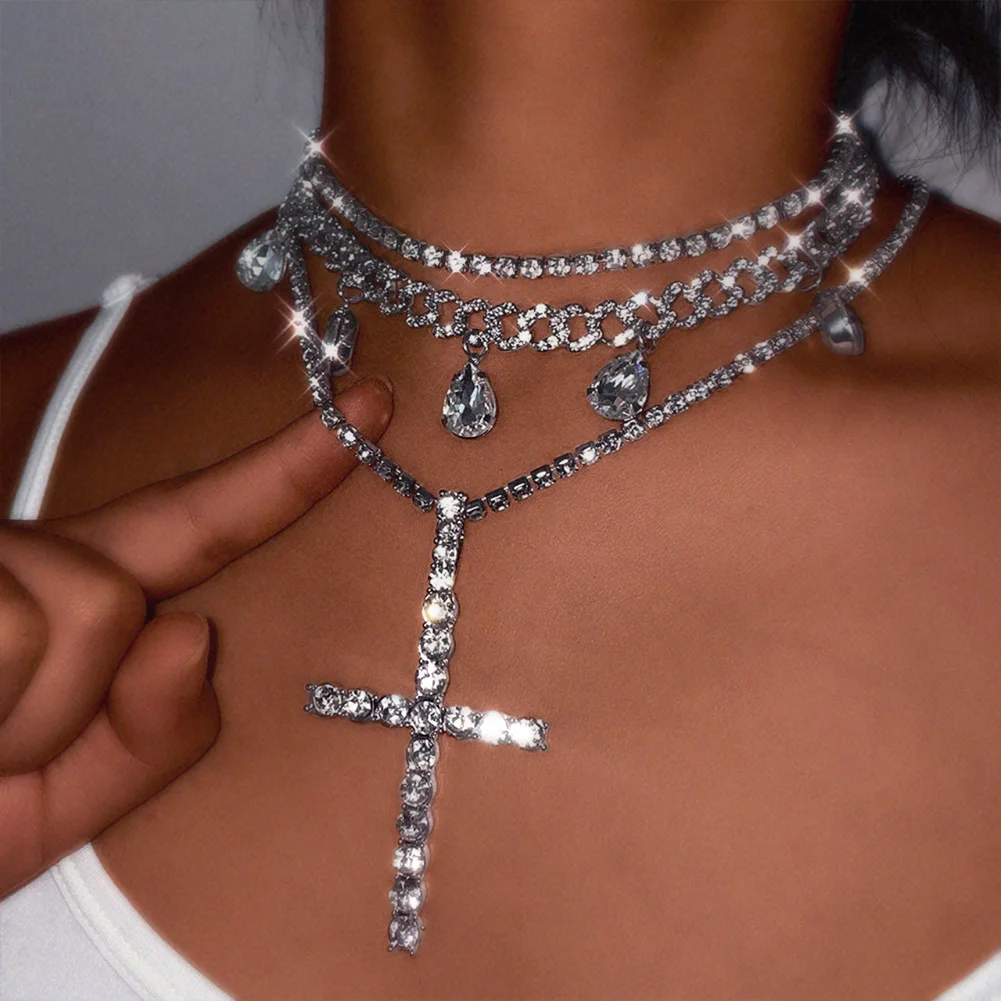 Fashionable Blilng Full Rhinestones Cross Pendant Multilayer Necklace For Women Iced Out Tennis Cuban Link Chain Hip Hop Jewelry