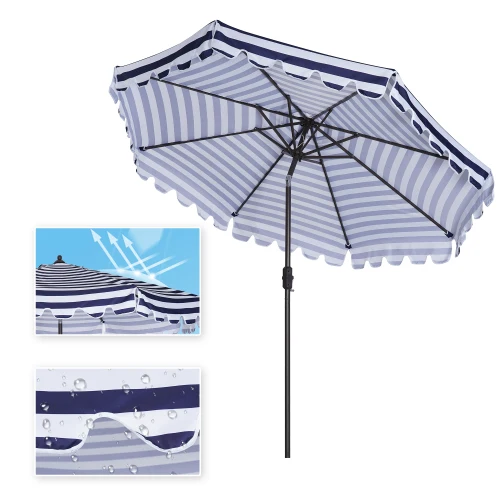 Outdoor Patio Umbrella 9-Feet Flap Market Table Umbrella 8 Sturdy Ribs with Push Button Tilt and Crank, blue/white with Flap