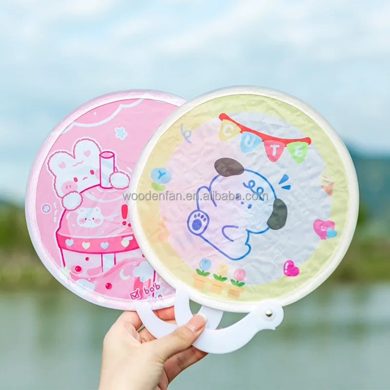 foldable nylon hand fan with bag round pocket pop up foldng fan gift handheld fabric fan for summer outdoor activity