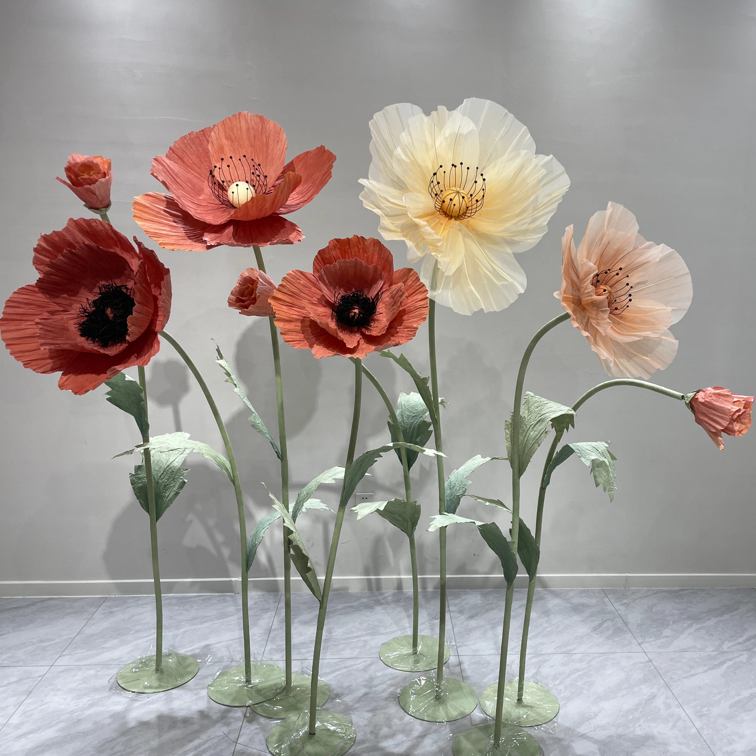 H-678 Big Free Standing Flowers Giant Paper Organza Poppy Flower Set For Indoor Wedding Event Decoration