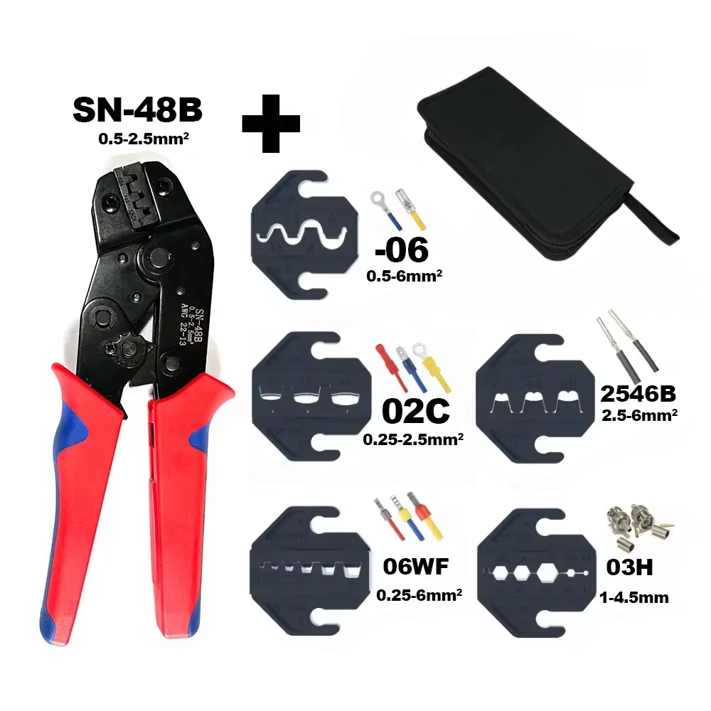 Terminals Crimping Tools Set SN-48B Plier with 02C 06WF 06 2546B 03H Interchangeable Jaws Ratcheting Wire Crimper with Bag