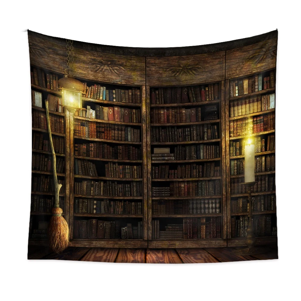 Library Bookshelf Wall Hanging Study Room Vintage Art Print Tapestry