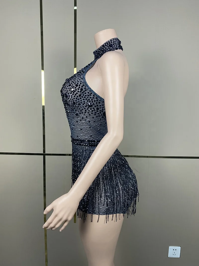Red Black Rhinestones Fringes Transparent Bodysuit Women Dance Celebrate Performance Costume Birthday Evening Outfit