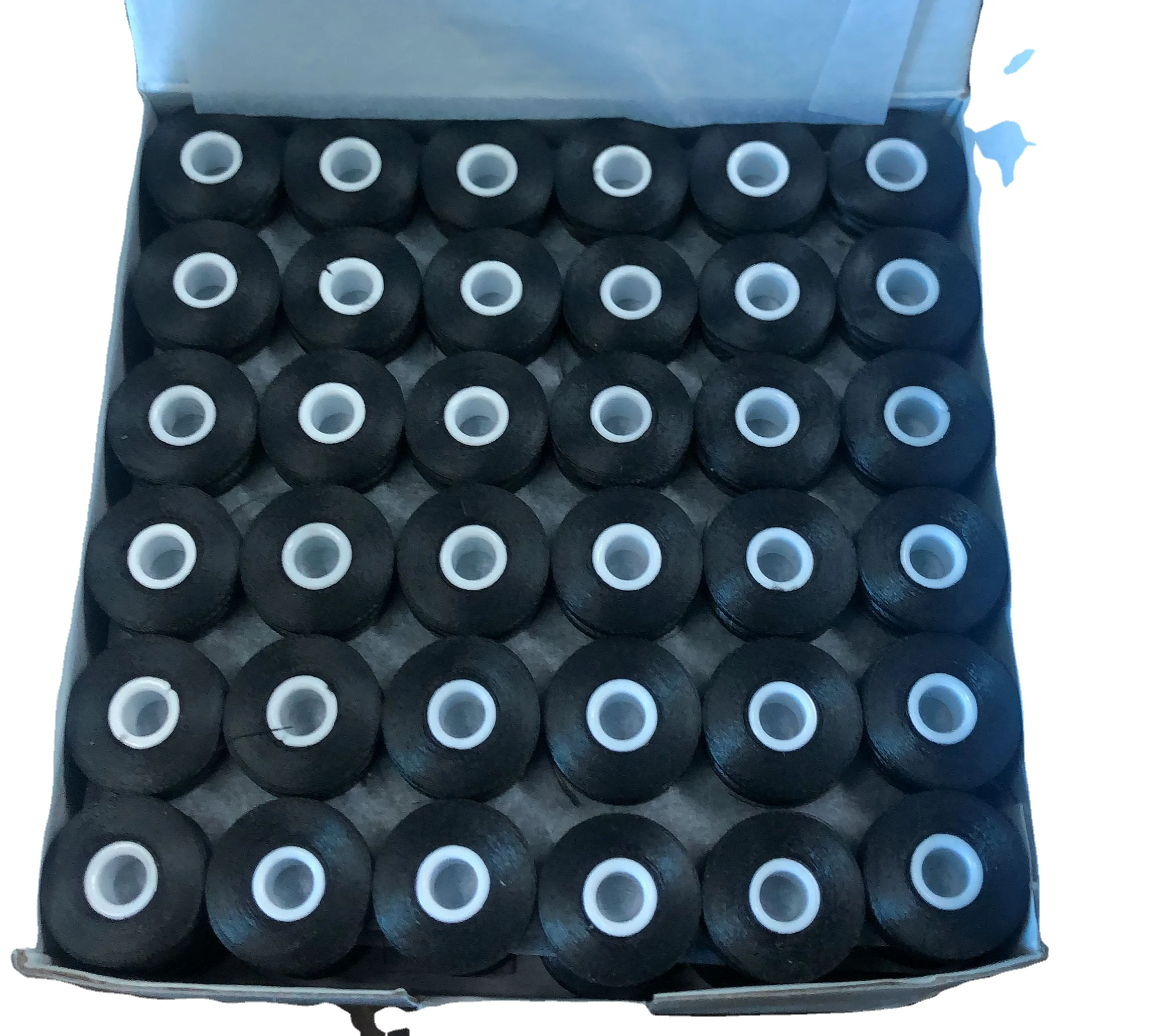 WT023  factory polyester 75d/2  BLACK L type pre wound side less bobbin embroidery thread