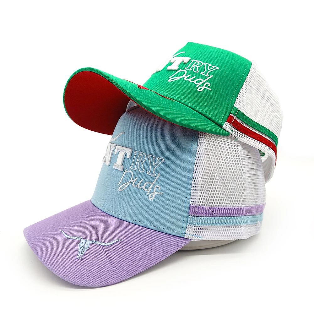 Custom Logo 3d Embroidered  Australian High  5 Panel High Profile  Structured Cap Gorras 2 Stripes Side Striped Mesh Trucker Hat