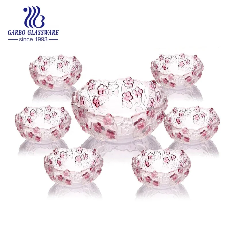 Customize noble glass bowl set engraved crystal 7pcs set frosted and spray colored salad bowl  set with blossom designs