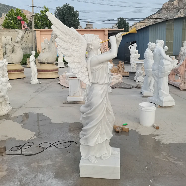 Hand carved customized marble angel cemetery statues with a garland for outdoor decoration