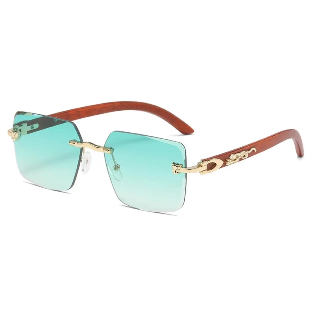 2024 Metallic vintage panther leopard rectangle Rimless cut edge classic sunglasses for unisex