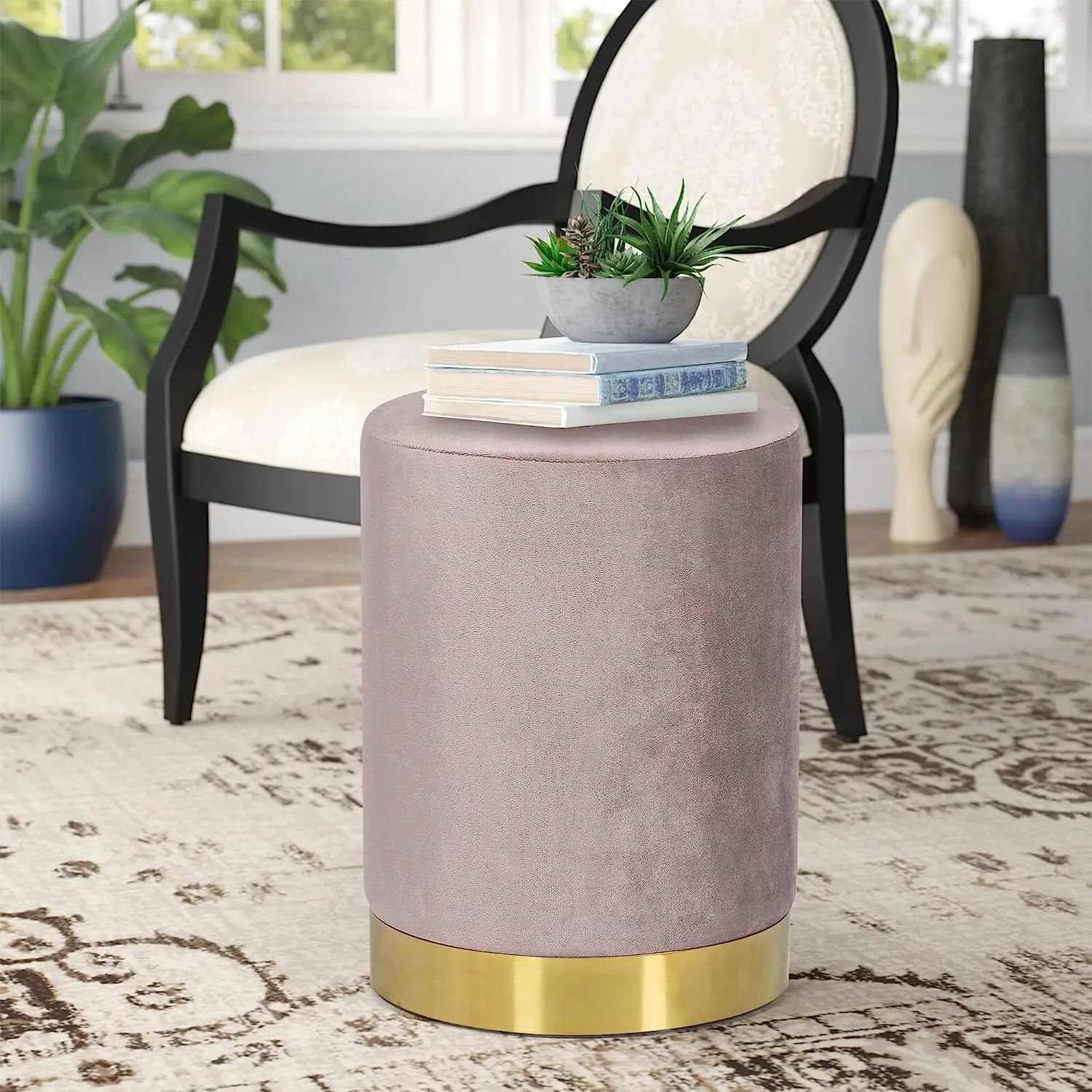 Modern Living Room Round Leather Upholstered Vanity Makeup Stool Gold Ottoman Foot Stool with Metal Legs