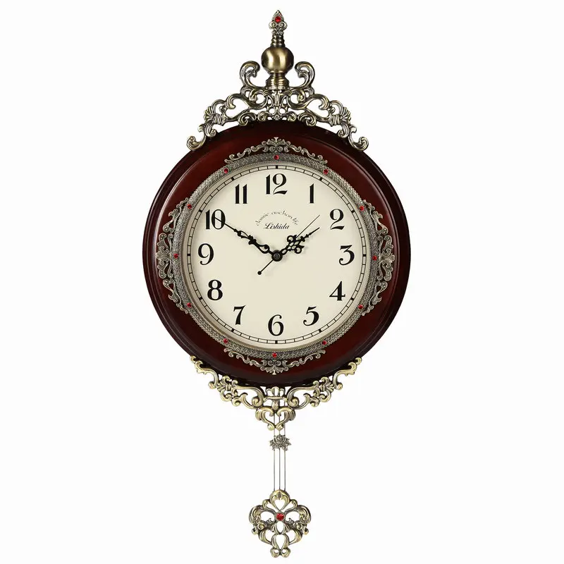 14 inch round solid wood wall decoration European home custom quartz lock home antique wood digital silent wall clock