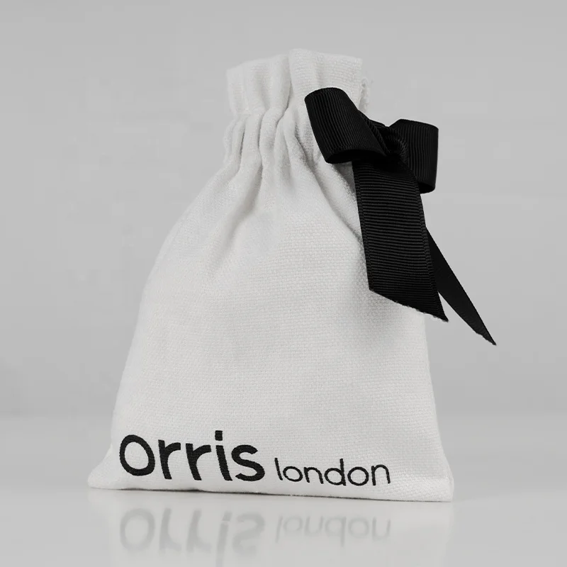 12*16 cm Custom Logo Printed Brushed Canvas Cotton Gift bag With Ribbon