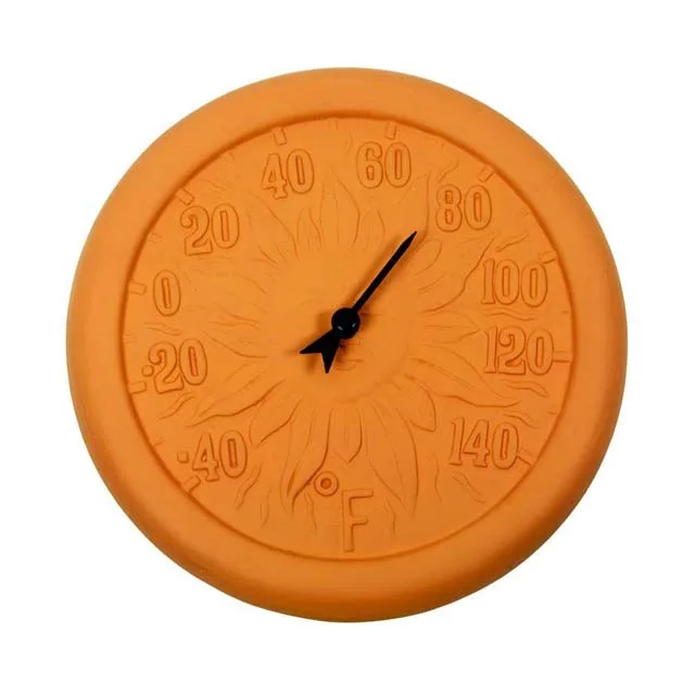 Decorative terracotta garden clock with thermometer