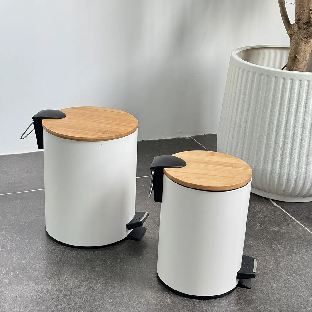 Pressing Type Trash Can with Bamboo Lid 3L Capacity Iron Steel Metal Storage Bucket PP Bagged Lobby and Bathroom Accessory