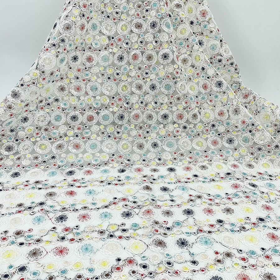 
Fine processing colorful flowers rope embroidred on poly lace fabric 