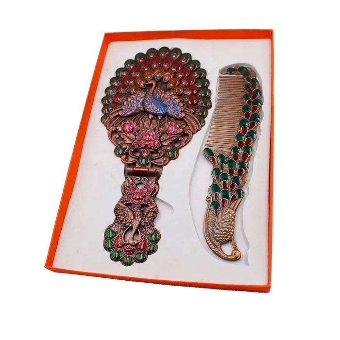 Portable Vintage Tin Peacock Folding Makeup Mirror And Comb For lady gift